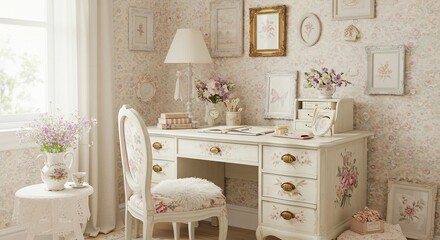 Romantic Floral Desk with Antique Decor and Soft Lighting in Cozy Room