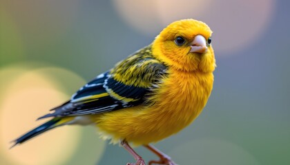 Obraz premium Vibrant Yellow Bird Close up Detailed Portrait of a Canary like Songbird