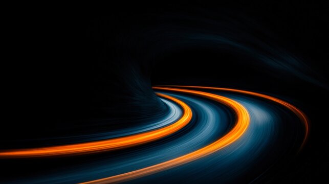 A mesmerizing abstract image featuring swirling lights in orange and blue against a dark backdrop, ideal for conveying motion, speed, or modern technology in promotional material or digital designs,