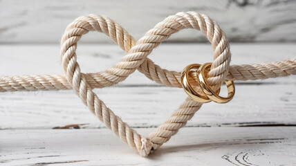 Fototapeta premium A strong, old, twisted brown jute rope with a nautical knot is isolated on a white wooden board
