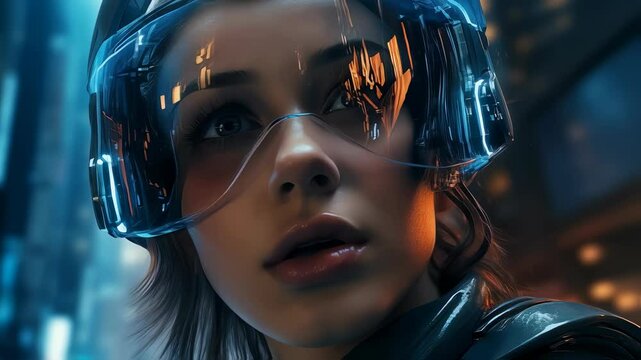 Young futuristic woman wearing smart glasses with augmented reality display. Cyberpunk city background, digital technology, metadata concept footage.