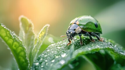 Closeup image of a small green beetle resting on a lush dewy leaf showcasing the intricate details and patterns of its exoskeleton and the natural environment