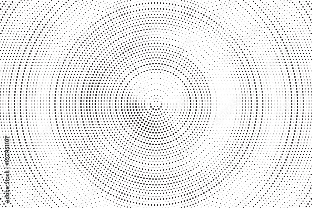 Poster Radial halftone gradient background. Dotted concentric texture with fading effect. Black and white circle shade wallpaper. Grunge rough vector. Monochrome backdrop