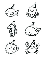 Cute sea animals in party hats doodle illustration