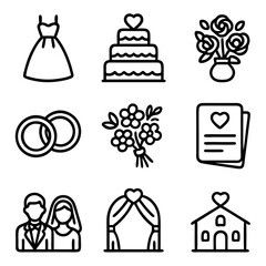 Wedding icons: Dress, cake, flowers, rings, invitation, couple, arch, church