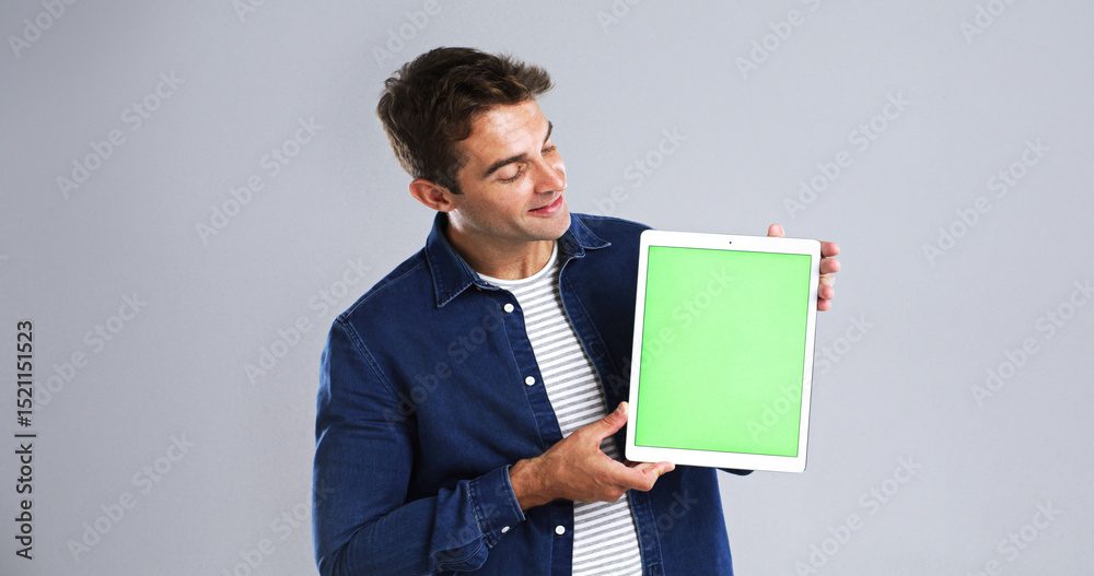 Poster man, hands and tablet with green screen in studio for advertising on a white background. male person