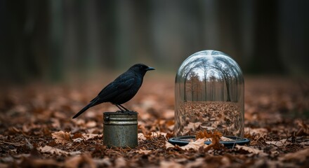 Blackbird perched on metal object with forest reflection in glass dome on leaves