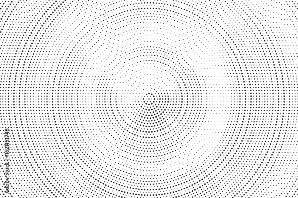 Poster Radial halftone gradient background. Dotted concentric texture with fading effect. Black and white circle shade wallpaper. Grunge rough vector. Monochrome backdrop