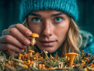 Woman Inspecting Freshly Picked Wild Mushrooms