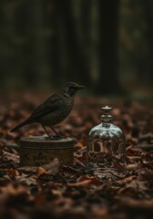 Song thrush bird with vintage box and glass bell on fallen leaves in forest