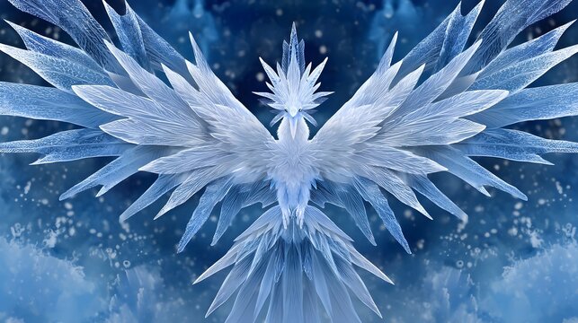 Icy crystal phoenix rising from a snowy backdrop