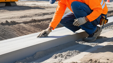 Construction worker installing concrete curb at a construction site during daylight hours
