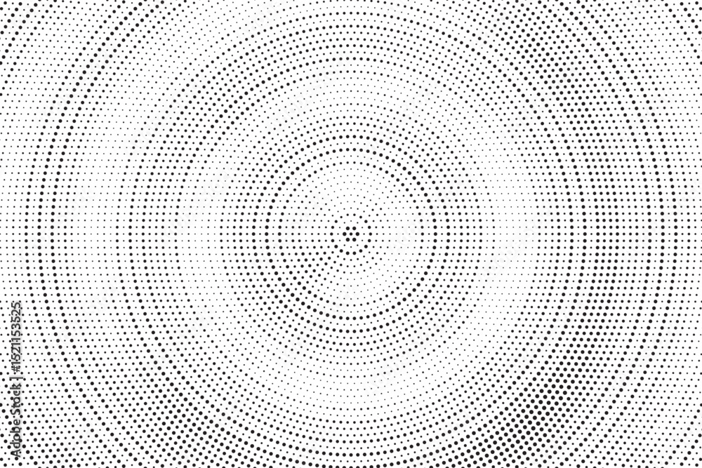 Poster Radial halftone gradient background. Dotted concentric texture with fading effect. Black and white circle shade wallpaper. Grunge rough vector. Monochrome backdrop