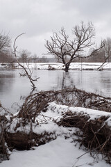 Winter landscape Belarus. River in the forest covered with snow.