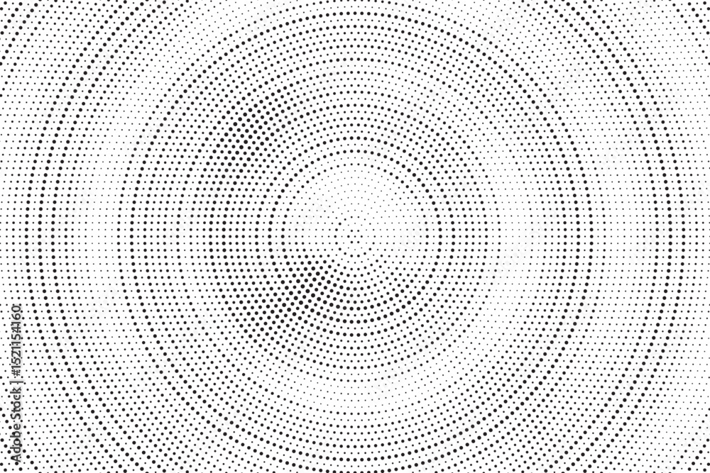 Poster Radial halftone gradient background. Dotted concentric texture with fading effect. Black and white circle shade wallpaper. Grunge rough vector. Monochrome backdrop
