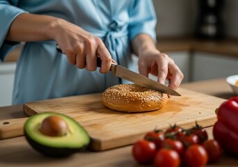 Woman slices bagel on board in kitchen with avocado, tomato for breakfast meal