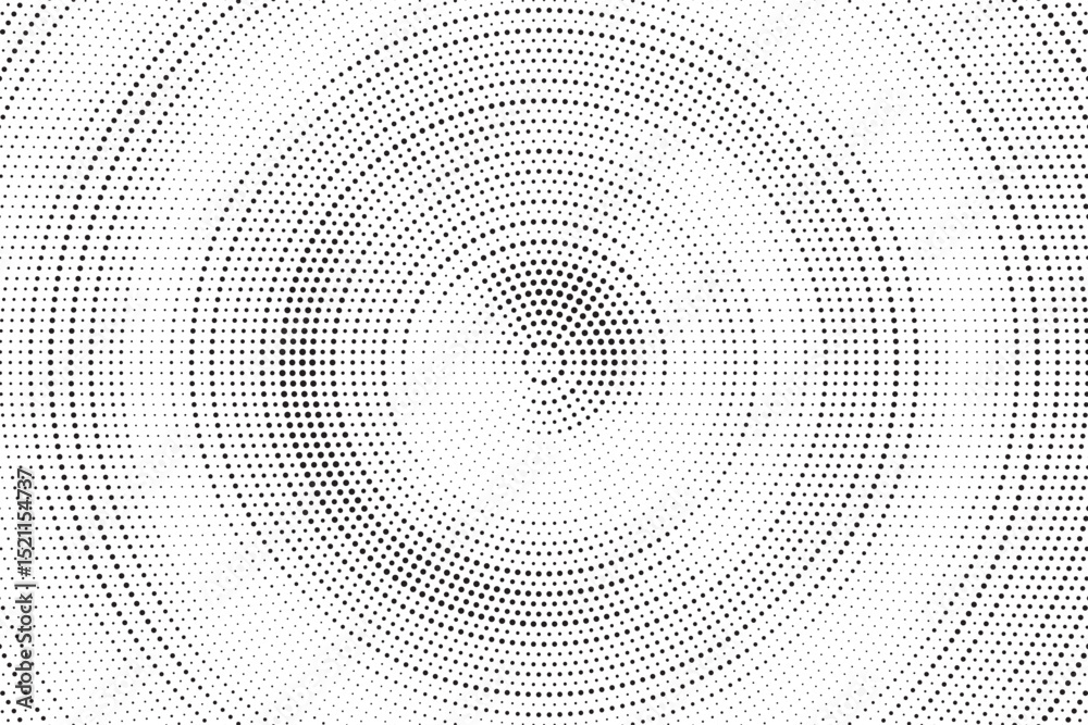 Poster Radial halftone gradient background. Dotted concentric texture with fading effect. Black and white circle shade wallpaper. Grunge rough vector. Monochrome backdrop