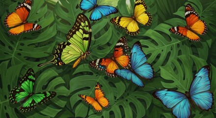 Colorful butterfly illustration on green leaf background