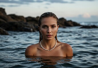 Beautiful girl emerges from the ocean wearing a pearl necklace. Vacation use