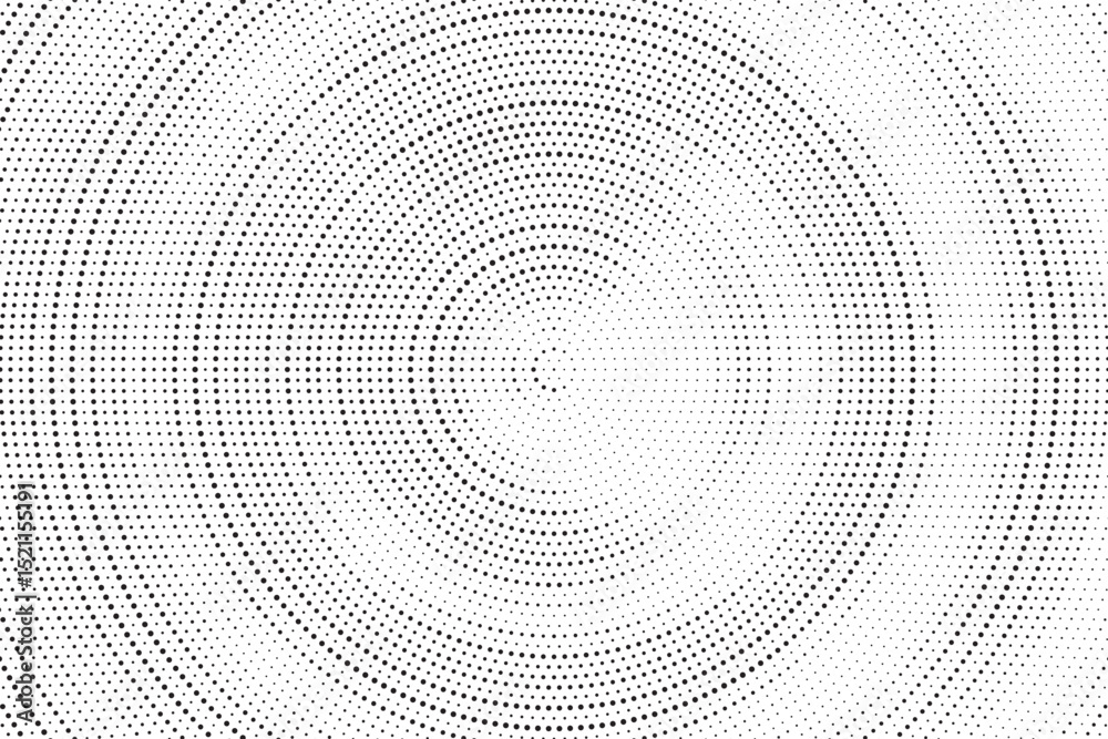 Poster Radial halftone gradient background. Dotted concentric texture with fading effect. Black and white circle shade wallpaper. Grunge rough vector. Monochrome backdrop