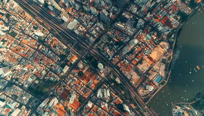 Fototapeta premium High-angle view of a densely populated urban area with roadways and a river.
