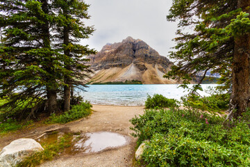 The landscape of the Canadian Rocky Mountains. Bowl Lake on a foggy cloudy day. Banff National...