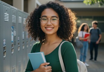 Smiling student holding book stands by lockers at high school for education ads