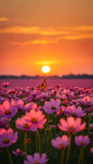 A beautiful butterfly gracefully flutters on a pink blossom in a vibrant summer garden under the blue sky, embodying the freedom and beauty of nature