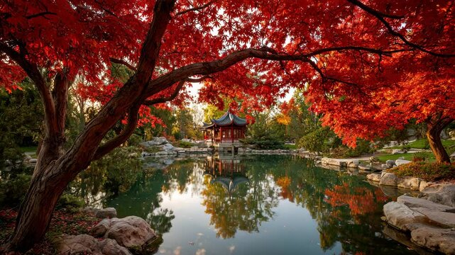 Serene autumn scene Red maple leaves frame a traditional gazebo reflected in a calm pond. Rocks and tranquil water create a peaceful atmosphere. Soft sunlight enhances the autumn colors.