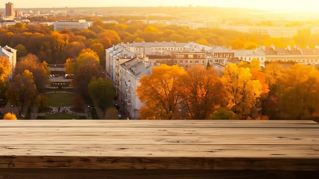 Autumn Cityscape Aerial View With Empty Wooden Table