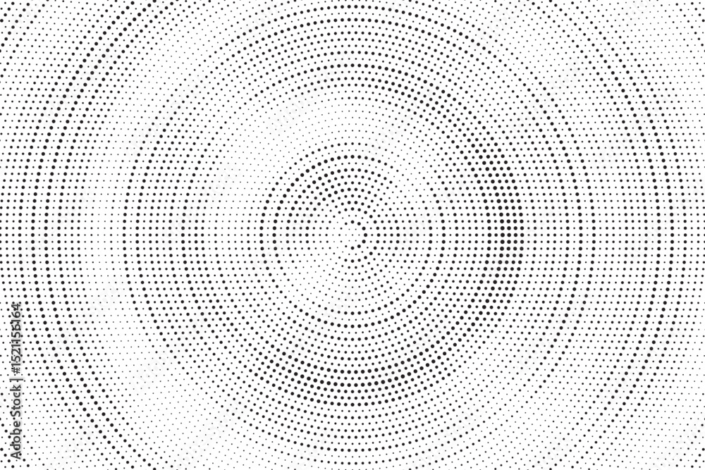 Aufkleber Radial halftone gradient background. Dotted concentric texture with fading effect. Black and white circle shade wallpaper. Grunge rough vector. Monochrome backdrop