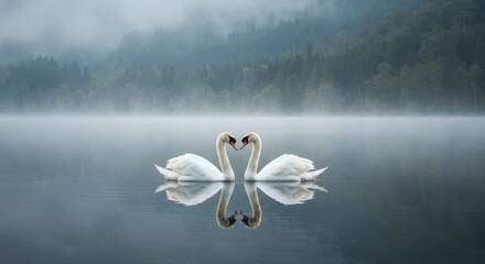 Two swans on a misty lake forming a heart shape