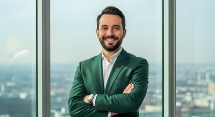 Fototapeta premium Confident young entrepreneur in vivid green suit smiles with ambition, standing tall against the backdrop of city skyline.