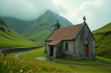 Fototapeta premium A small church surrounded by a lush green grass field, a peaceful scene