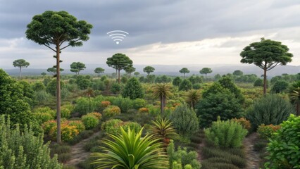 A lush, green forest landscape under cloudy skies with a digital wifi symbol appearing above a tall tree, blending nature and technology.