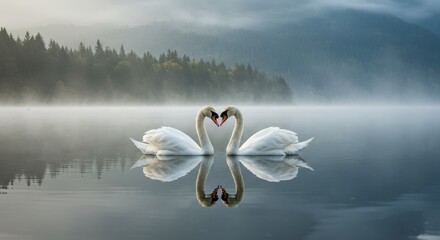 Pair of swans forming a heart shape with their necks on a misty lake