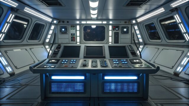 Futuristic spaceship control room with advanced panels, blue lighting, and high-tech displays in a sci-fi environment.