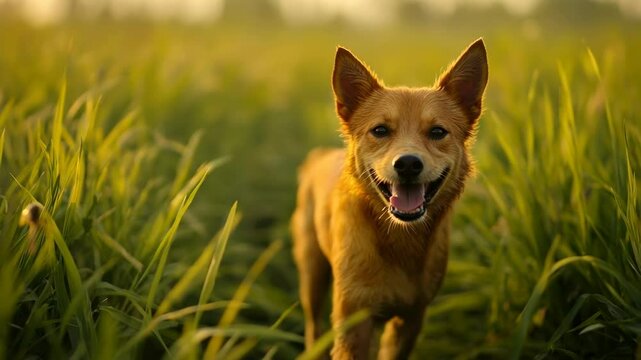 A playful dog runs through a sunlit field, captured from a low-angle shot, evoking a joyful and lively atmosphere, perfect for a nature video.