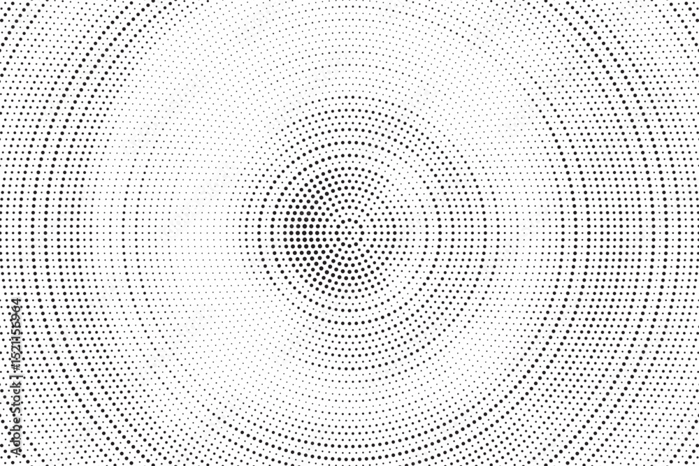 Aufkleber Radial halftone gradient background. Dotted concentric texture with fading effect. Black and white circle shade wallpaper. Grunge rough vector. Monochrome backdrop