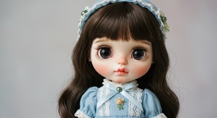 Cute brown-haired doll with big eyes wearing a blue dress