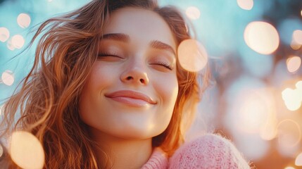 Fototapeta premium A tranquil sun kissed portrait of a woman exuding joy beauty and a sense of peaceful contemplation in the natural environment