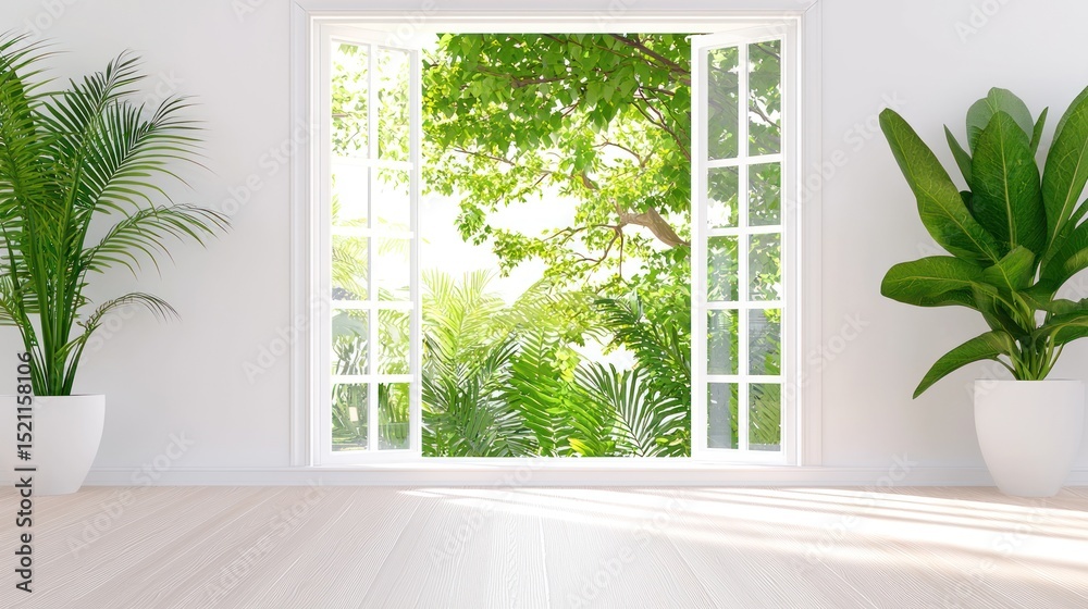 Poster bright white room with open window showing lush greenery