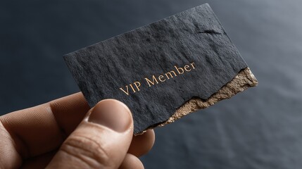A hand holds a dark, textured VIP card.