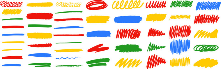 Bright multicolored scribbles, brush strokes, and sketchy shapes made with markers, ideal for playful, fun, and creative designs. Vector EPS 10