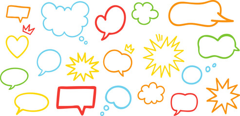 Set of colorful outline speech bubbles, hearts, stars, and clouds in sketch style, great for comics, social media, and playful design. Vector EPS 10