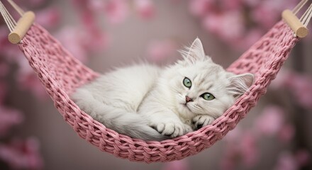 Cute white kitten resting in pink hammock