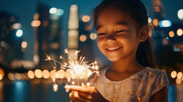 A young smiling girl holds a sparkling sparkler surrounded by the twinkling lights of a cityscape at night - Powered by Adobe