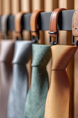 Fototapeta premium Neutral-toned ties hang neatly on a sleek rack, showcasing texture and subtle color variations.
