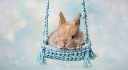Cute baby bunny rabbit in a blue macrame swing