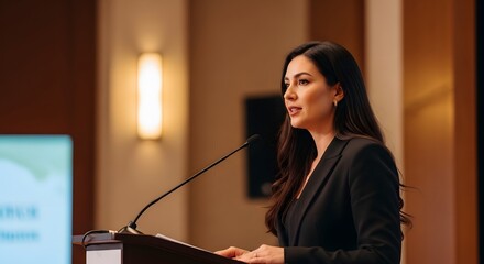 A confident woman, delivers a presentation, addressing an audience with poise and conveying a strong command. The lighting highlights her focused expression.